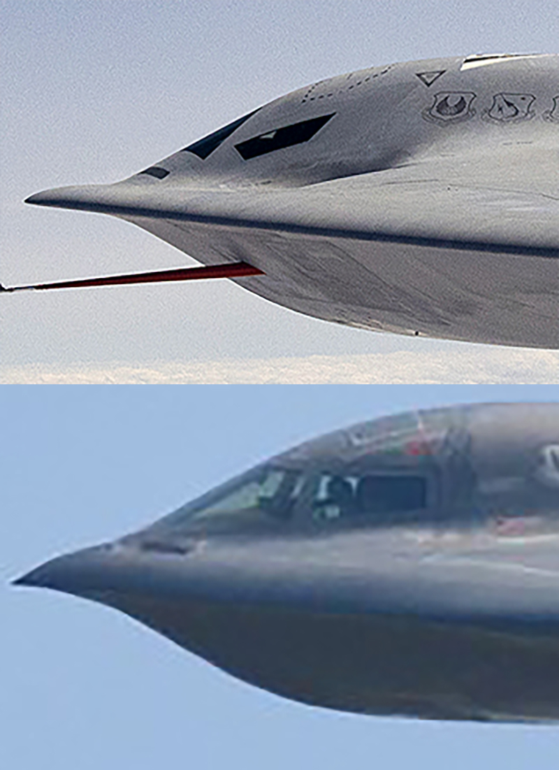 A comparison of the B-21's highly sectionalized glazing versus the B-2's wraparound windscreen. (USAF)