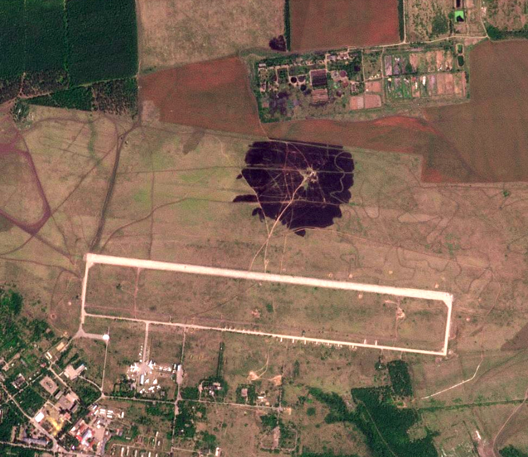 A satellite image taken on May 28 showing a large area of burned vegetation north of a Russian-occupied airfield in Ukraine's Luhansk region. <em>PHOTO © 2024 PLANET LABS INC. ALL RIGHTS RESERVED. REPRINTED BY PERMISSION</em>