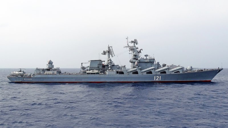 The Russian missile cruiser Moskva patrols in the Mediterranean Sea, off the coast of Syria, on December 17, 2015.