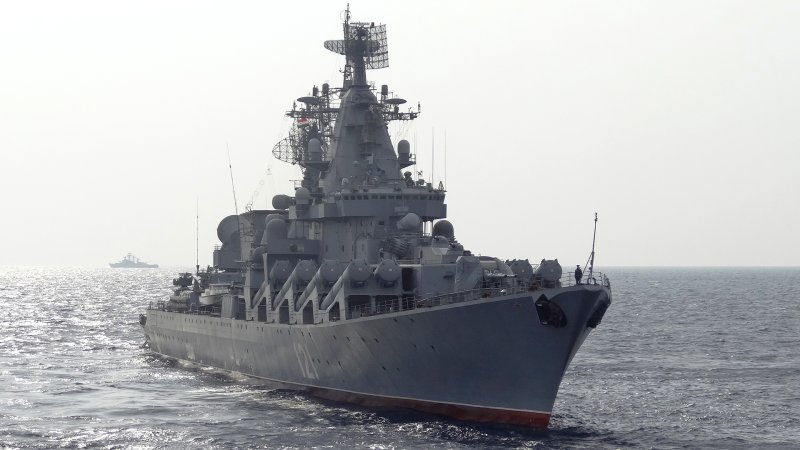 The Russian missile cruiser Moskva patrols in the Mediterranean Sea, off the coast of Syria, on December 17, 2015.