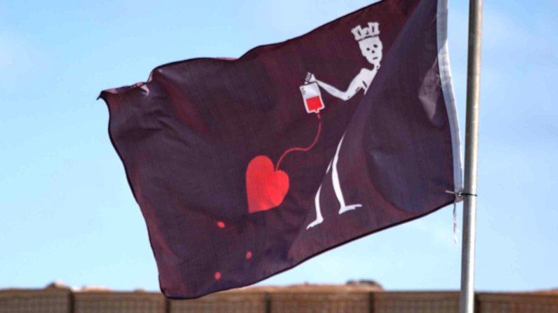 A close-up of a flag flying at Chabelley Airfield in Djibouti in April 2022.