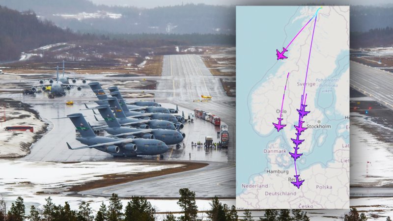 Eight US Air Force C-17A Globemaster III airlifters at Bardufoss Air Station in Norway on May 10, 2022. The inset is a screen shot from an online flight tracking website showing the aircraft leaving Norway.