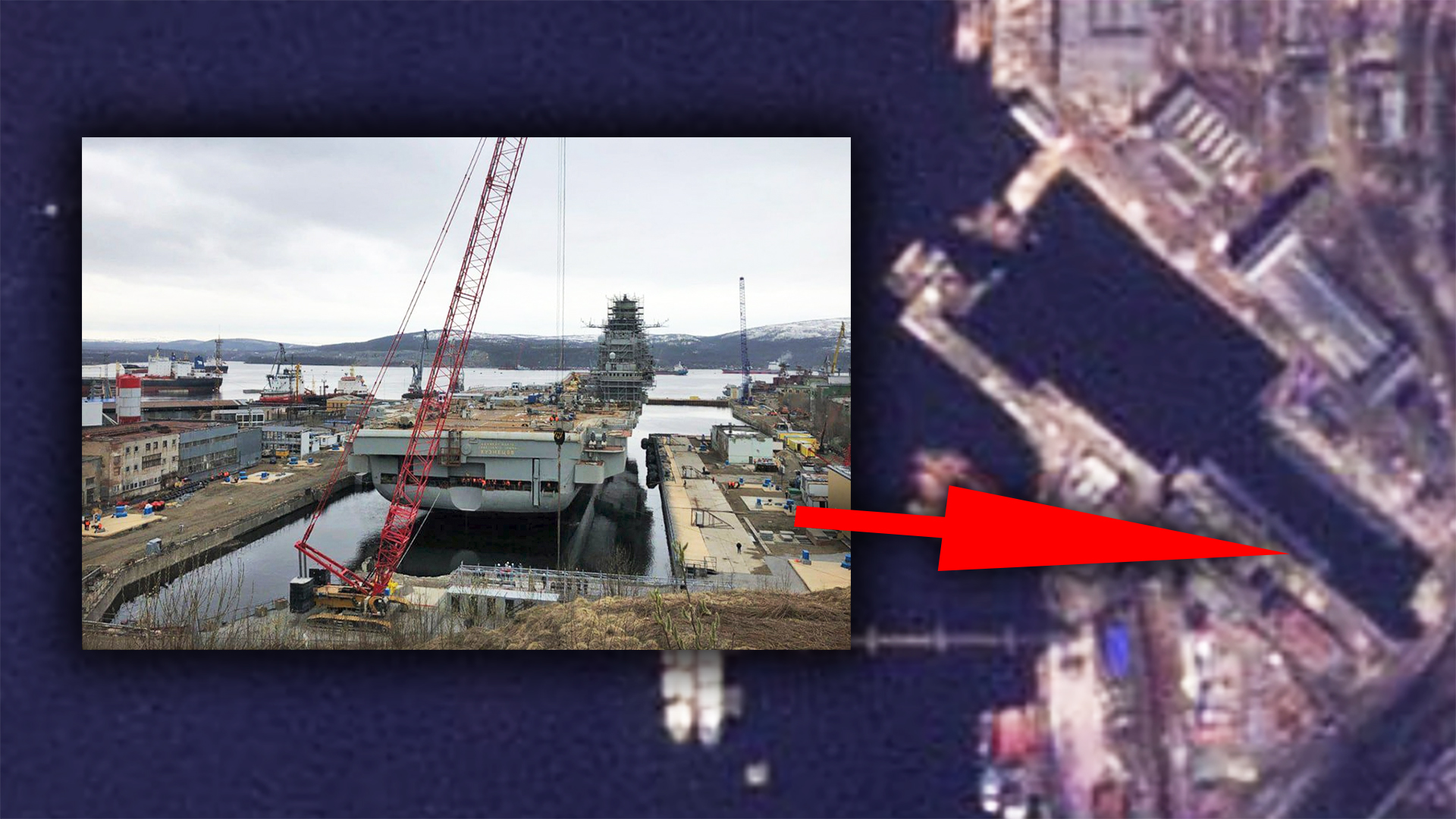A picture showing the Russian aircraft carrier Admiral Kuznetsov inside a new drydock at the 35th Shipyard in Murmansk overlaid on a satellite image of the drydock.