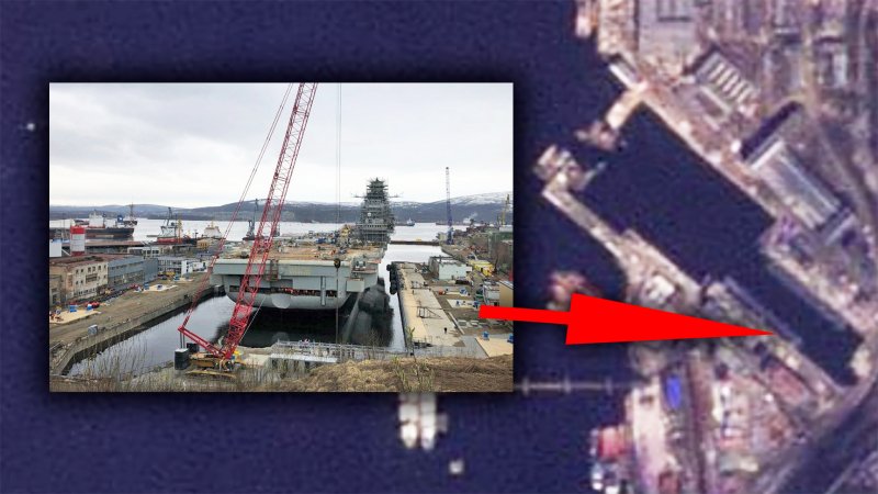 A picture showing the Russian aircraft carrier Admiral Kuznetsov inside a new drydock at the 35th Shipyard in Murmansk overlaid on a satellite image of the drydock.