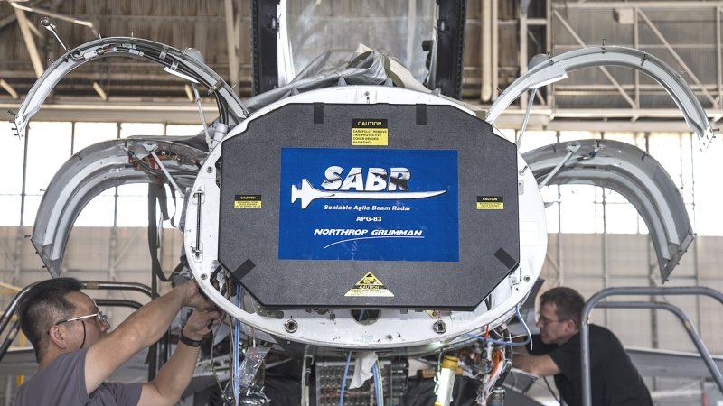 A Northrop Grumman AN/APG-83 radar installed on an F-16 Viper fighter jet.