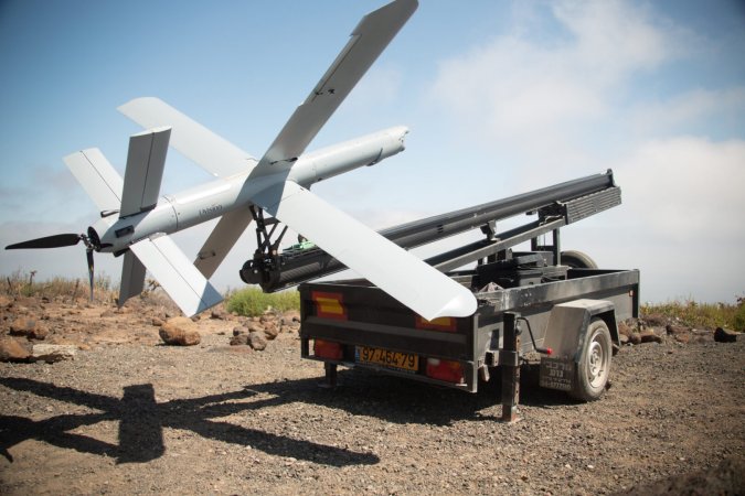 A U.S. Marine Corps Hero-400 loitering munition drone is staged before flight on San Clemente Island, California, May 25, 2022. The Hero-400 is a loitering munition that the United States Marine Corps and other Department of Defense entities are beginning to incorporate into specific mission sets. This initial training flight develops the UAS pilots’ confidence and abilities to be able to operate the Hero-400 in any clime and place, and enabling 3rd MAW to remain a more lethal and ready force. (U.S. Marine Corps photo by Lance Cpl. Daniel Childs)