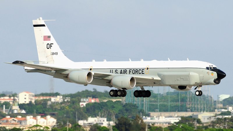 A US Air Force RC-135U Combat Sent electronic intelligence aircraft photographed at Kadena Air Base on the Japanese Island of Okinawa in 2009.