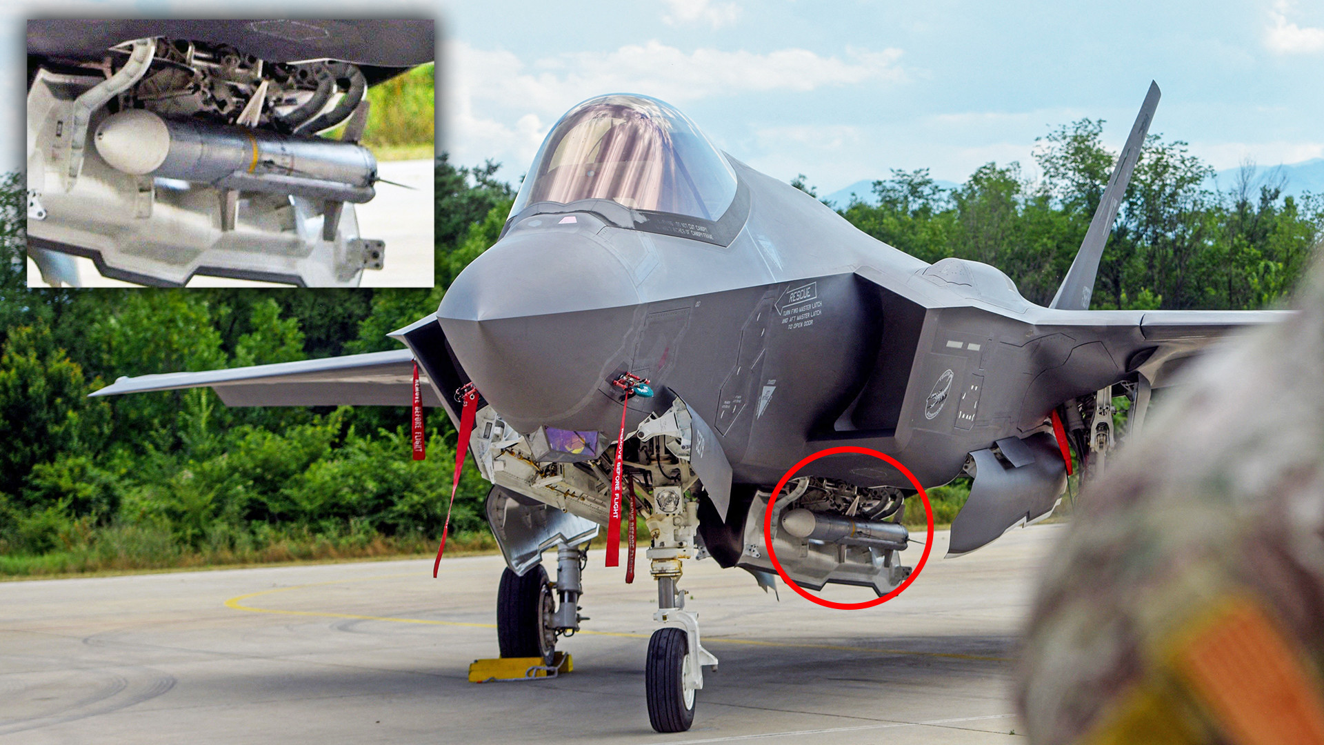 A U.S. Air Force F-35 Lightning II aircraft from the Vermont Air National Guards 134th Fighter Squadron alongwith another one (unseen) is seen on the tarmac after landing at the international airport Petrovec near Skopje, on June 17, 2022 as they practice Agile Combat Employment concepts while supporting NATOs collective defense throughout Southeastern Europe.