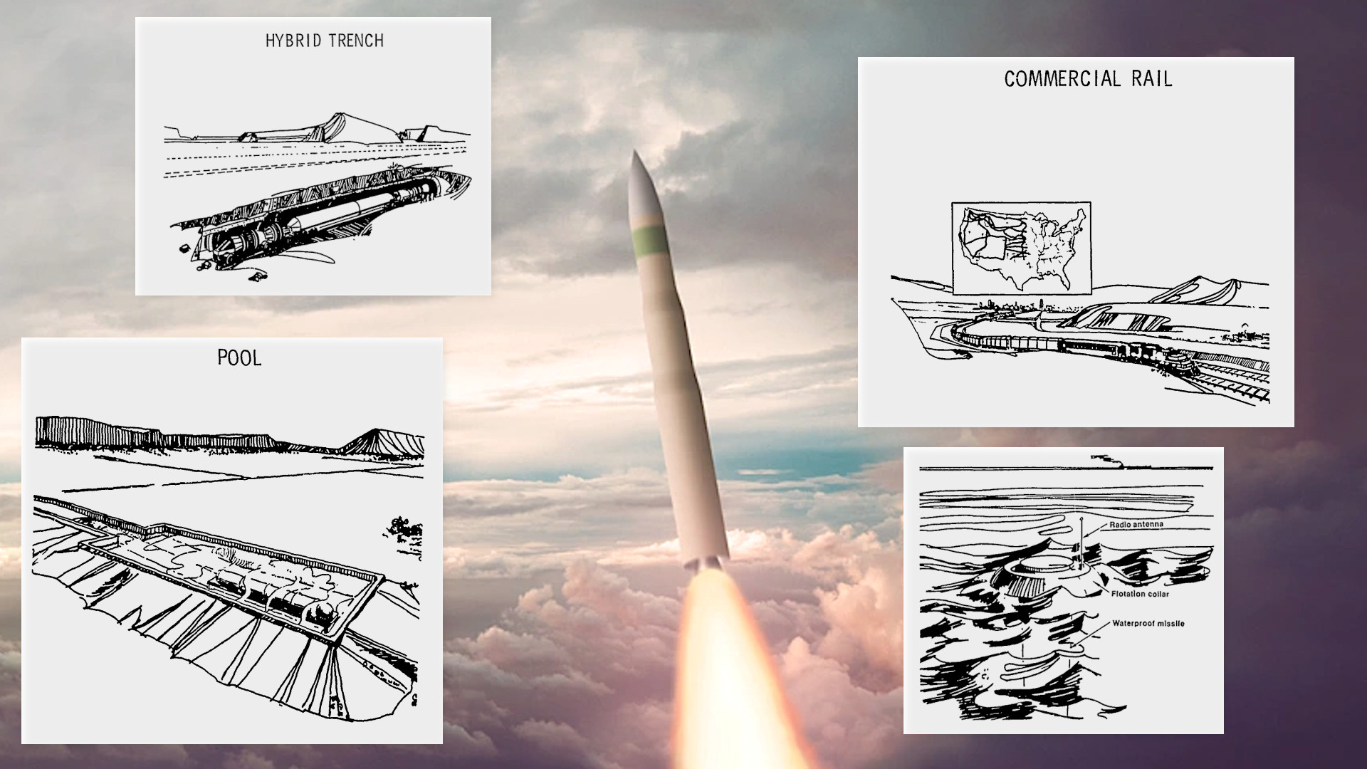 Graphics depicting possible basing concepts for the Cold War-era MX missile program overlaid on top of a rendering of the Air Force's future LGM-35A ICBM.