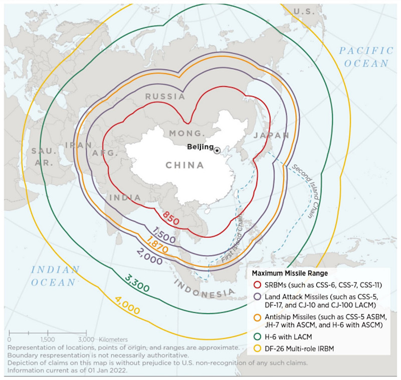 A very general look at some of the breadth of conventionally-armed long-range missile options China has and the ranges they can reach. DOD