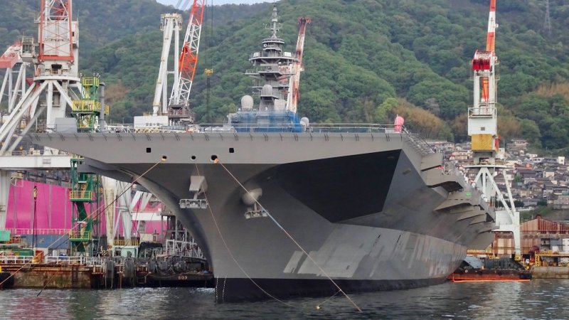 JS Kaga pictured at at a dock in Kure City, Hiroshima Prefecture, on April 20