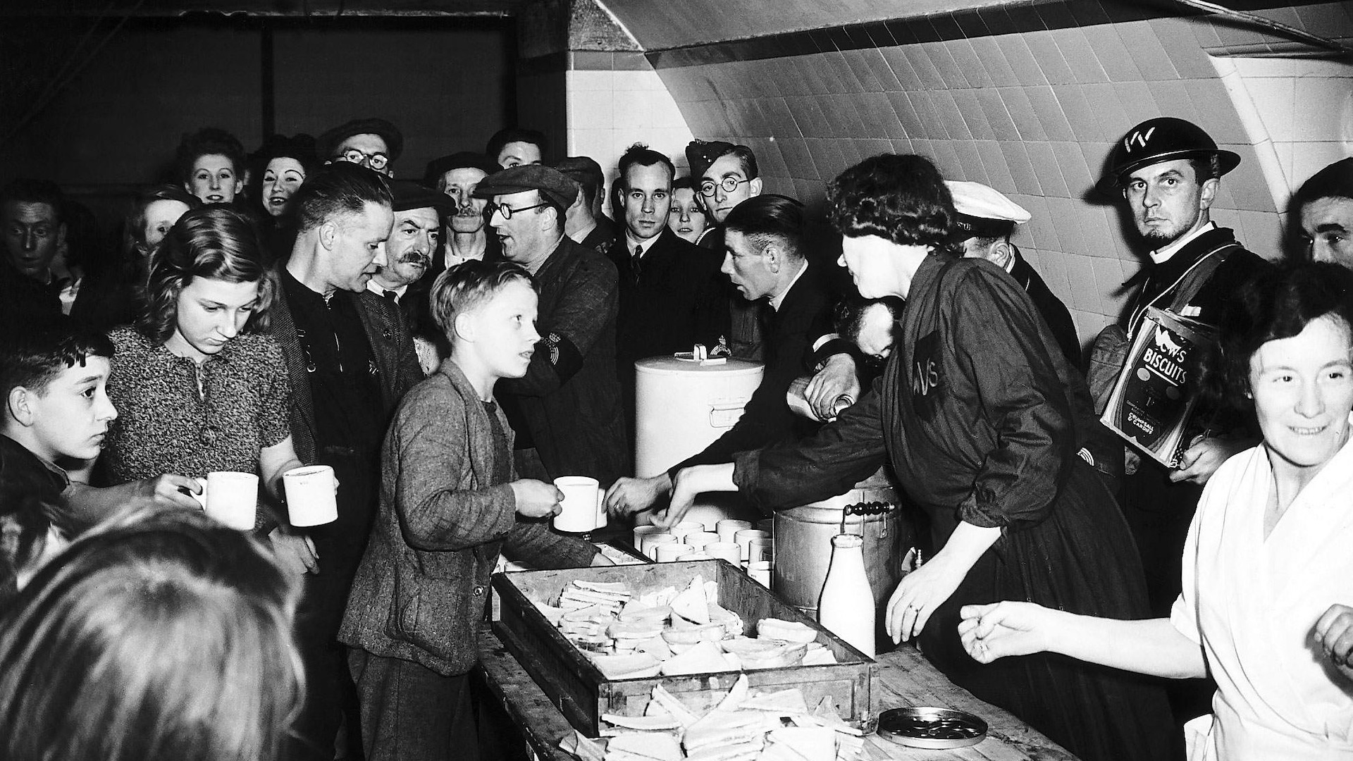 WVS serve tea and sandwiches to people sheltering at Liverpool Street underground station