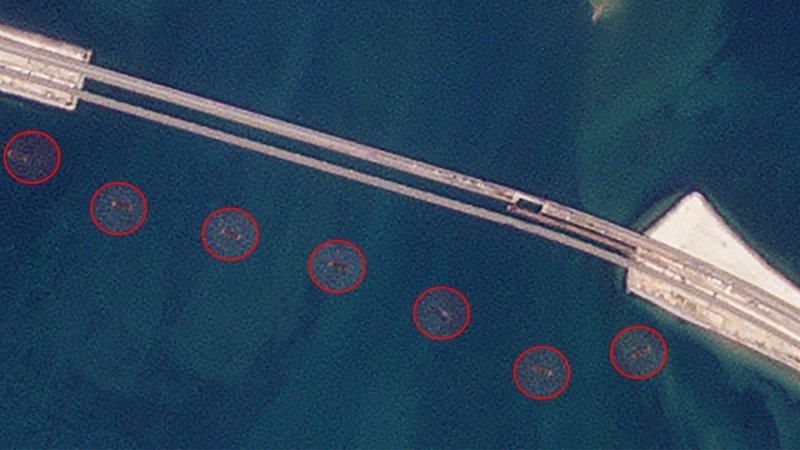 Satellite images provided by Planet Labs shows Russia has sunk vessels to protect the Kerch Bridge from Ukrainian uncrewed surface vessel attacks.