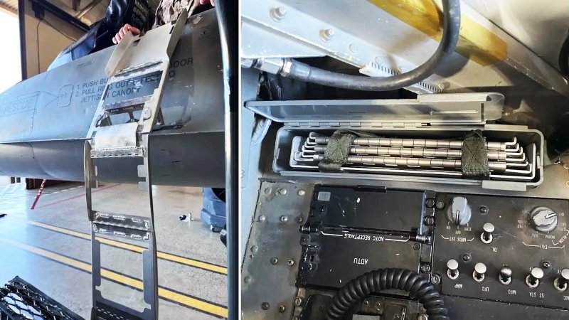 A group of airmen at Aviano Air Base in Italy are pitching an idea for a folding boarding ladder that F-16 pilots can stow in the map case in the jet's cockpit.