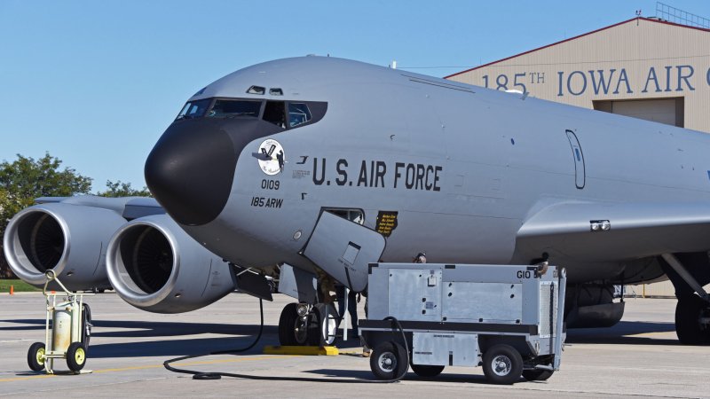 A U.S. Air Force KC-135 tail number 58-0109 with the nickname “Phantom 109” assigned to the Iowa Air National Guard is in front of the main hangar in Sioux City, Iowa on October 16, 2021. Crew Chiefs recently added nose art to the aircraft depicting a phantom riding along on the aircraft boom.