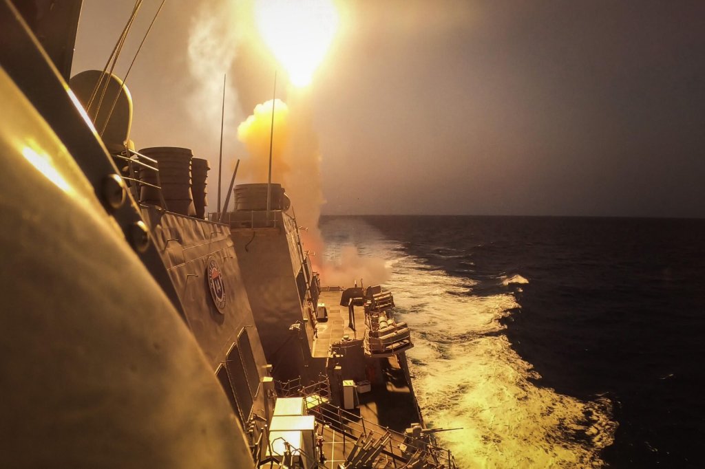 The U.S. Navy destroyer USS Carney (DDG-64) fires a missile to intercept a Houthi barrage in October 2023.