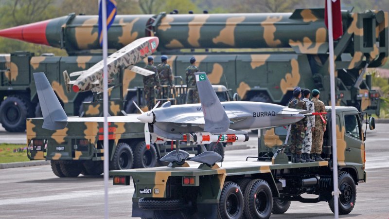 Pakistani army soldiers travel on vehicles carrying ballistic missiles and a drone during the Pakistan Day military parade in Islamabad on March 23, 2016. Pakistan National Day commemorates the passing of the Lahore Resolution, when a separate nation for the Muslims of The British Indian Empire was demanded on March 23, 1940.