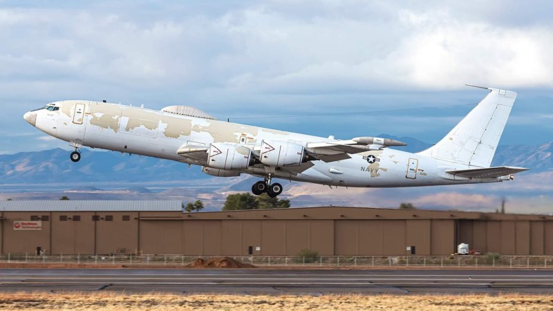 An Navy E-6B Mercury 'doomsday' plane was recently spotted with what appeared to be heavily-weathered exterior paintwork.