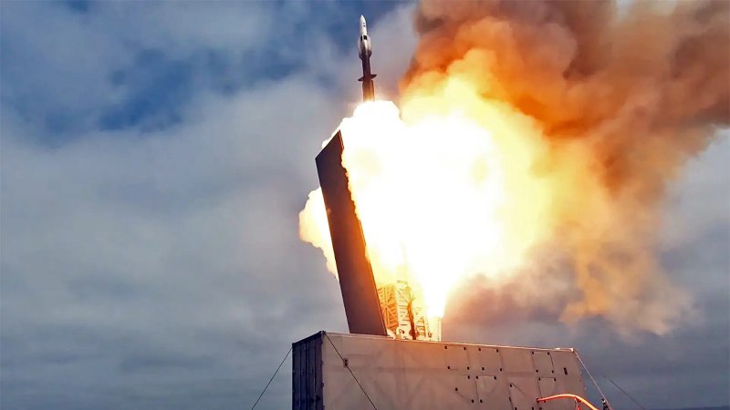 A Standard-Missile 6 is fired from a Mk 70 mobile missile launcher in 2023.