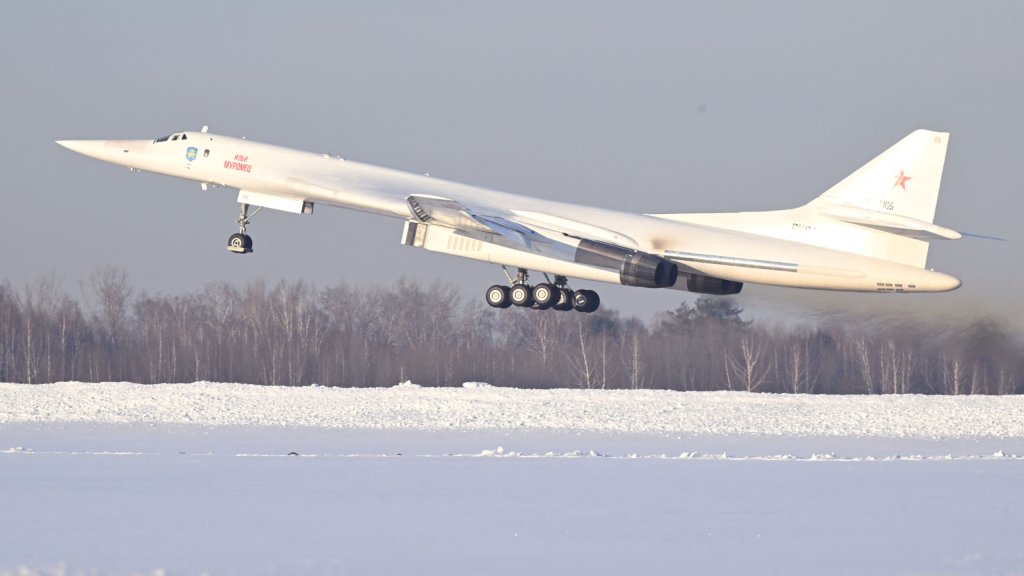 In this pool photograph distributed by Russian state agency Sputnik, the Tupolev Tu-160M "Ilya Muromets" strategic bomber takes off from the runway of an aircraft manufacturer in Kazan on February 22, 2024.