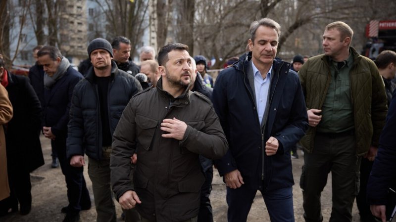 President of Ukraine Volodymyr Zelenskyy (3rd R) and Prime Minister of Greece Kyriakos Mitsotakis (2nd R) tour the streets destroyed by the ongoing war between Russia and Ukraine during Mitsotakis's official visit in Odesa, Ukraine on March 6, 2024. The leaders then arrived at the port of Odesa, which has been repeatedly attacked by Russian missiles and drones, to inspect the functioning of the 'grain corridor' in Odesa.