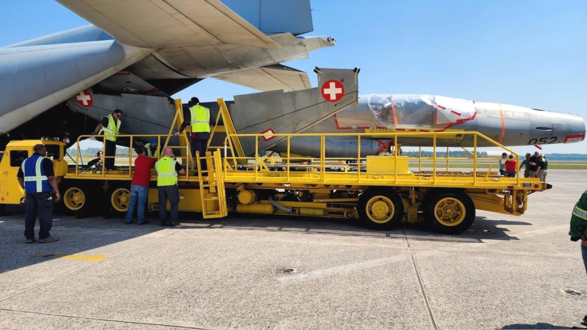 The first of 22 former Swiss F-5E/F Tiger II jets is now in the United States for the final phase of its conversion into an aggressor for the Navy and Marine Corps.