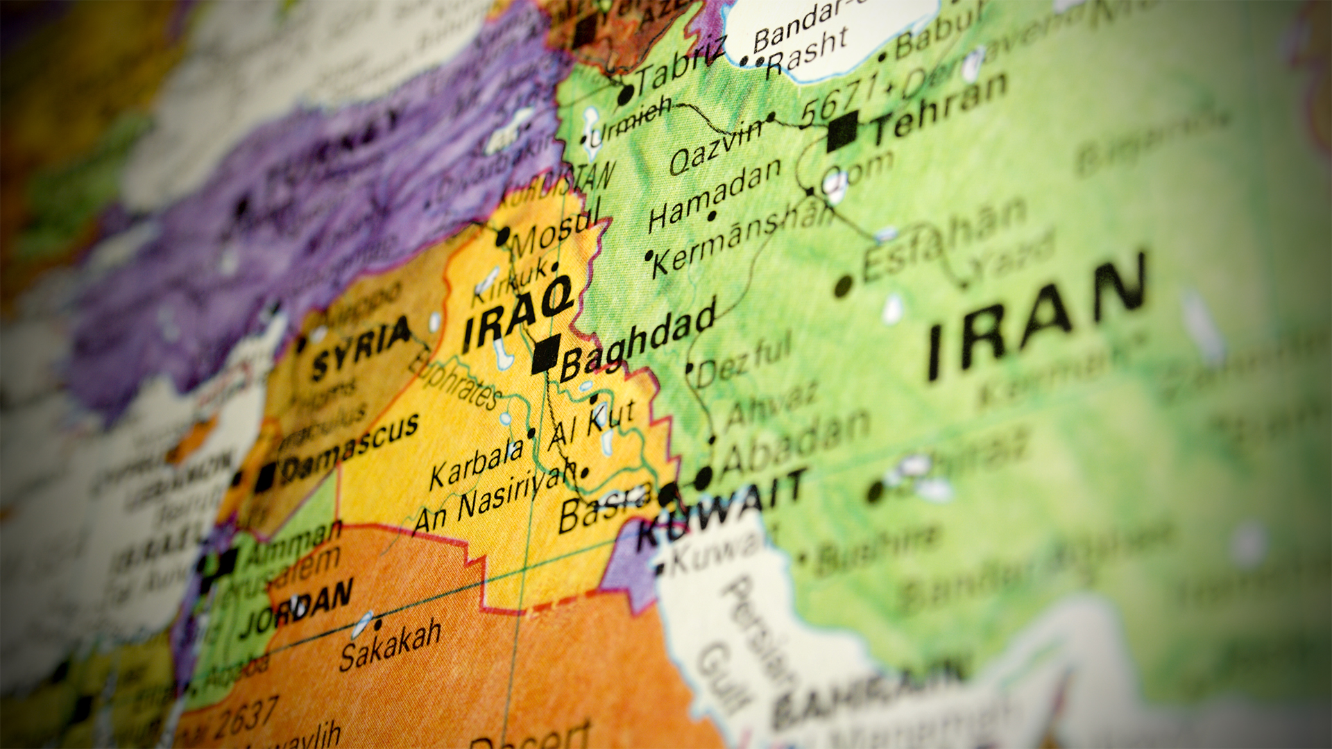 A photo of a map of Iraq and Iran.
