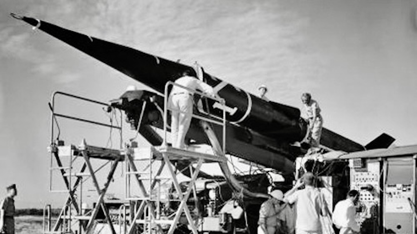 Experimental Alpha Draco hypersonic boost-glide vehicle preparing for launch, 1959.