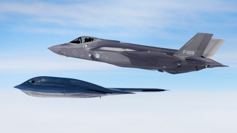 A U.S. B-2A Spirit bomber assigned to the 509th Bomb Wing and a Royal Netherlands air force F-35A conduct aerial operations in support of Bomber Task Force Europe 20-2 over the North Sea March 18, 2020. Bomber missions provide opportunities to train and work with NATO allies and theater partners in combined and joint operations and exercises.