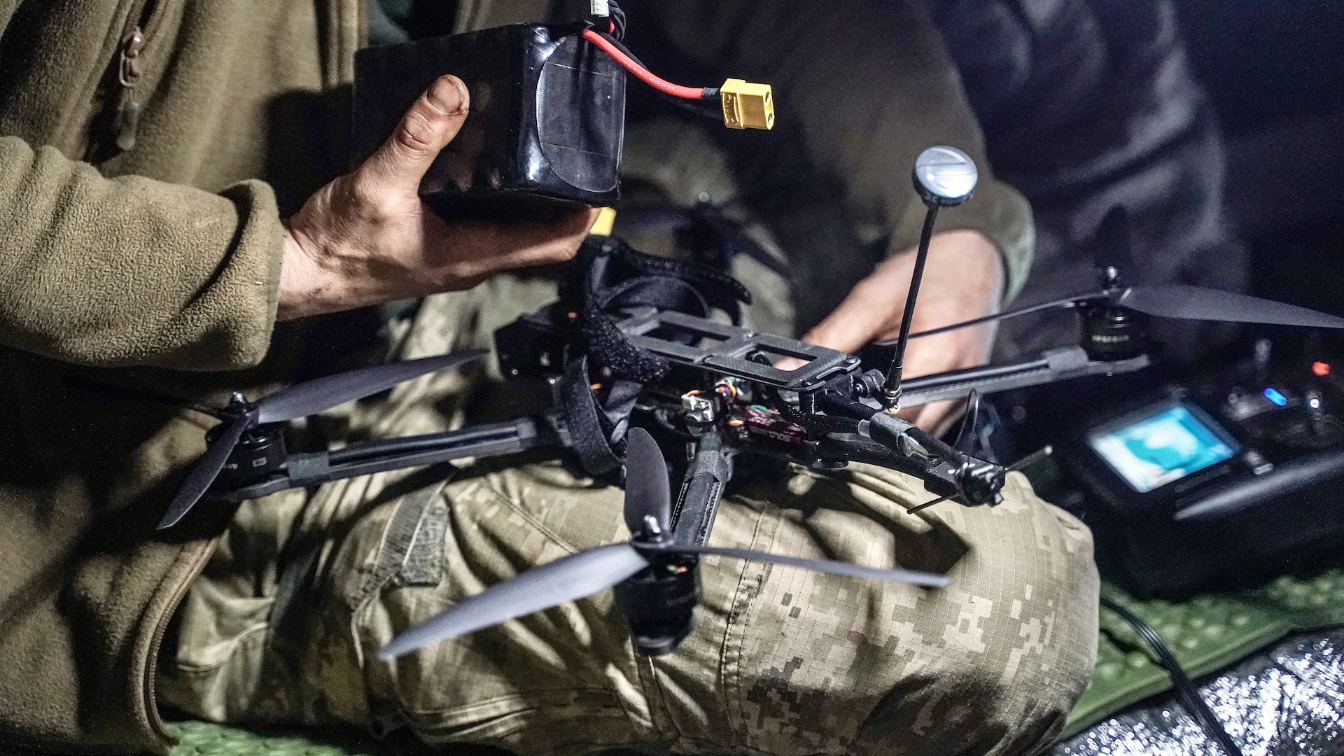 DONETSK OBLAST, UKRAINE - MAY 1: A drone operator, a Ukrainian soldier of the 56th Motorized Brigade with the call sign "Indianets", prepares a combat FPV drone in the Bakhmut area on May 1, 2024 in Donetsk Oblast, Ukraine. Ukrainian drones operators of the 56th Motorized Brigade are using combat FPV drones to destroy enemy targets and conduct round-the-clock reconnaissance in the Bakhmut area. (Photo by Yevhenii Vasyliev/Global Images Ukraine via Getty Images)