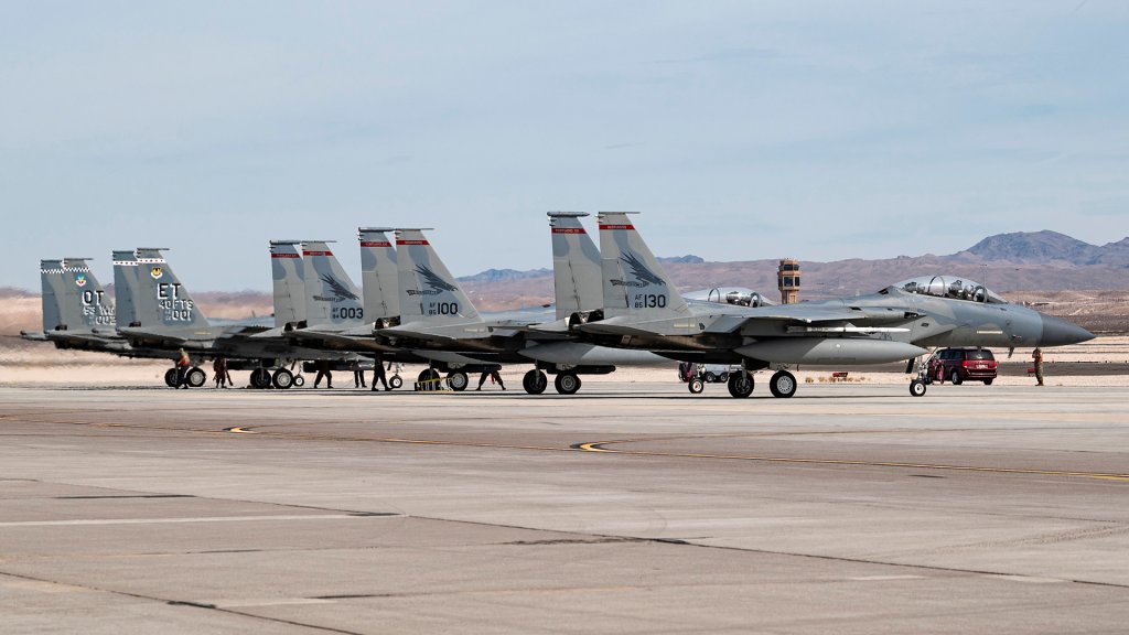 Three F-15C Eagle fighter jets assigned to the 123rd Fighter Squadron, Portland Air National Guard Base, Oregon, and both of the Air Force’s F-15EX aircraft from the 53rd Wing, Eglin Air Force Base, Florida, wait to take off for a mission at Nellis Air Force Base, Nevada, Oct. 20, 2021. The aircraft will conduct the Initial Operational Test and Evaluation from Oct. 18-25, 2021 (U.S. Air Force photo by William R. Lewis)