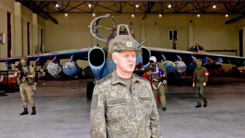 Screencap from a Russian MOD video showing a Belarusian Su-25 Frogfoot
