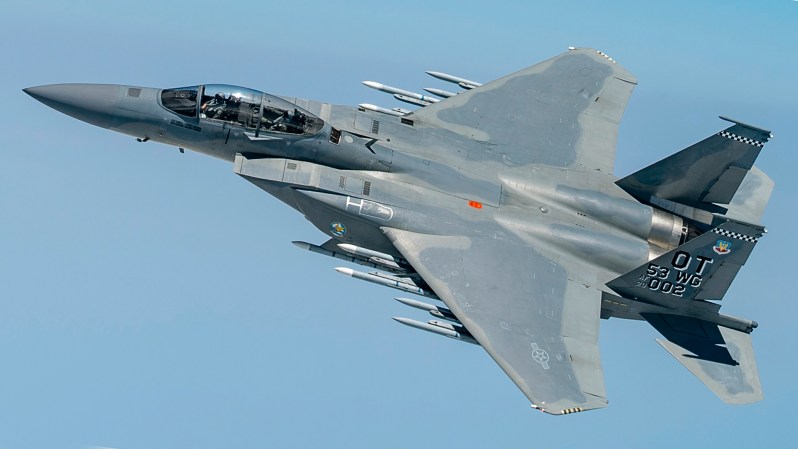 A USAF F-15EX Eagle II armed with 12 AIM-120 AMRAAMs.