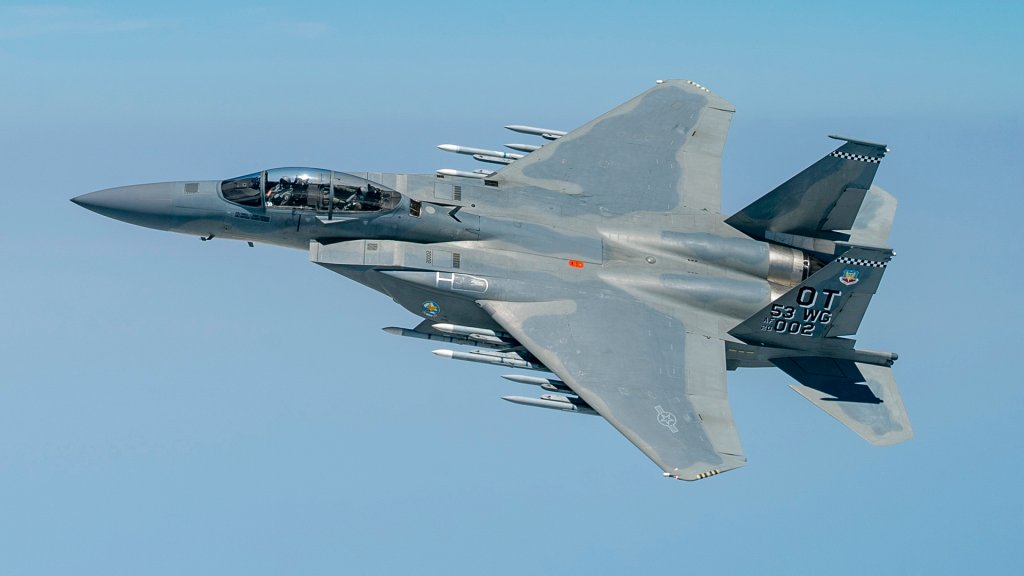 A USAF F-15EX Eagle II armed with 12 AIM-120 AMRAAMs.