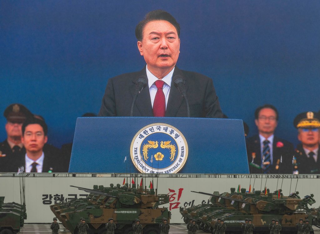 SEONGNAM, SOUTH KOREA - 2023/09/26: South Korean President Yoon Suk Yeol delivers a speech during a ceremony to mark the 75th anniversary of Armed Forces Day at Seoul Air Base. South Korea's military showcased "high-power" missiles and other key weapons systems on 26 September to mark the 75th founding anniversary of its armed forces in an apparent warning against North Korea's nuclear and military threats. (Photo by Kim Jae-Hwan/SOPA Images/LightRocket via Getty Images)