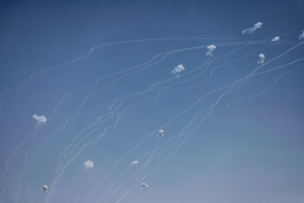 Rockets fired from southern Lebanon are intercepted by Israel's Iron Dome air defence system over the Israeli-annexed Golan Heights on May 17, 2024, amid ongoing cross-border clashes between Israeli troops and Hezbollah fighters. (Photo by Jalaa MAREY / AFP) (Photo by JALAA MAREY/AFP via Getty Images)