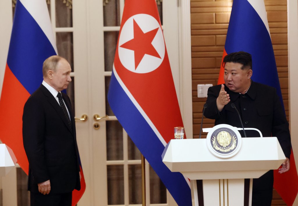 PYONGYANG, NORTH KOREA- JUNE 19 (RUSSIA OUT) Russia's President Vladimir Putin (L) and North Korean Supreme Leader Kim Jong Un (R) attend a joint press conference June 19, 2024 in Pyongyang, North Korea. Russian President Vladimir Putin is in North Korea for a two-day diplomatic visit. (Photo by Contributor/Getty Images)