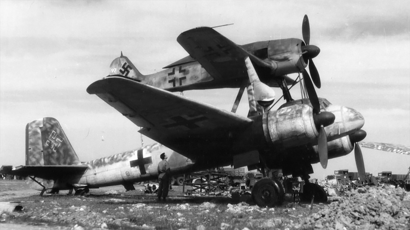 Piggyback bomber at a Nazi airfield In WWII.