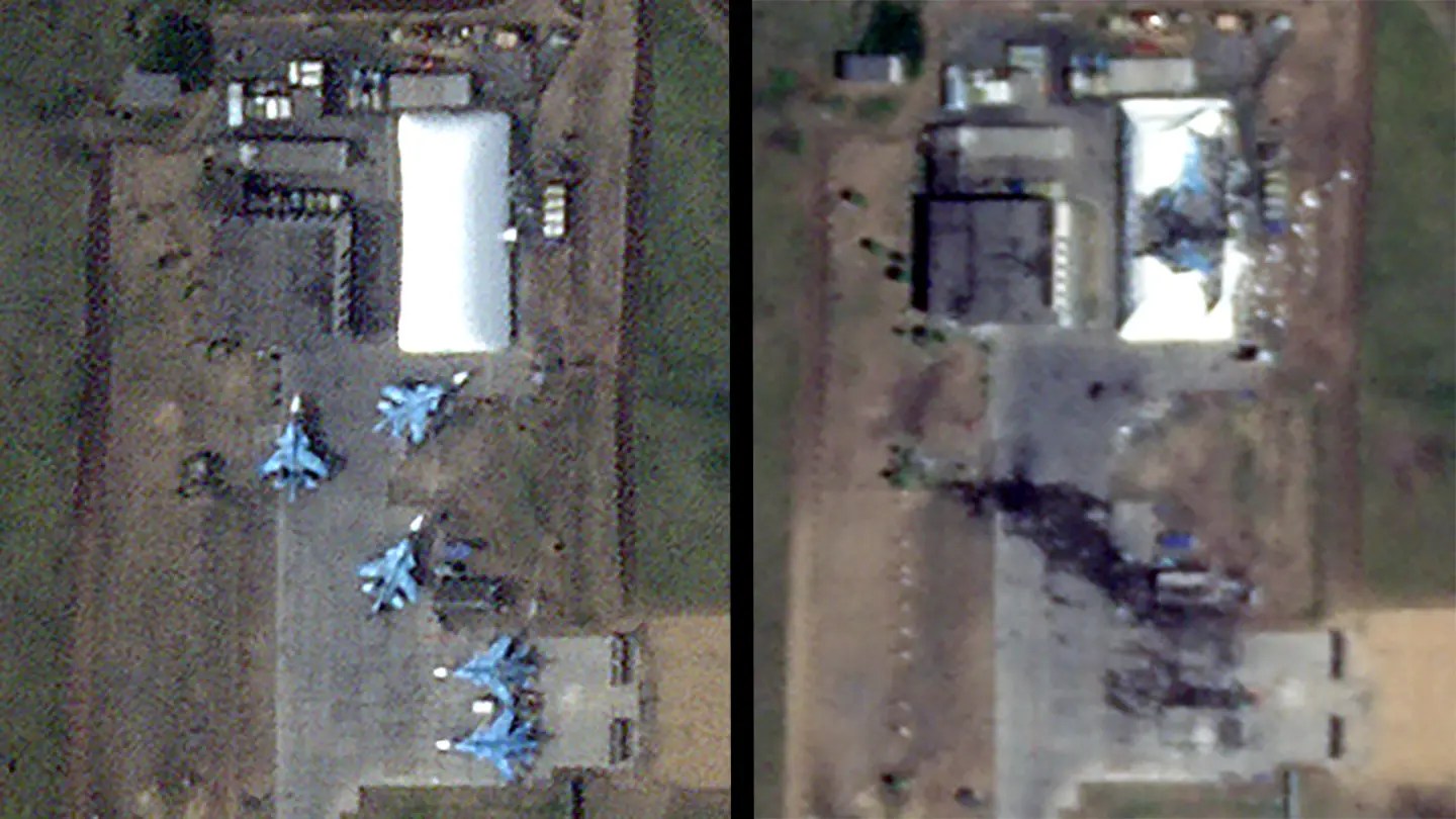 These before and after satellite images from Planet labs shows that Russian Su-34 Fullbacks may have been damaged in a Ukrainian drone attack.