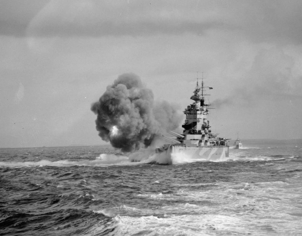 THE ROYAL NAVY DURING THE SECOND WORLD WAR (A 9284) HMS NELSON fires her 16 inch guns during gunnery trials and exercises after her repair. Copyright: � IWM. Original Source: http://www.iwm.org.uk/collections/item/object/205119508