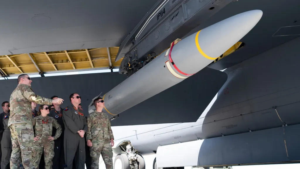 A live AGM-183A ARRW under the wing of a B-52 bomber at Andersen Air Force Base on Guam ahead of a test over the Western Pacific earlier this year.