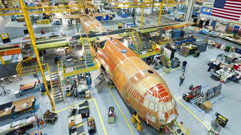 A C-130J on the production line in Marietta