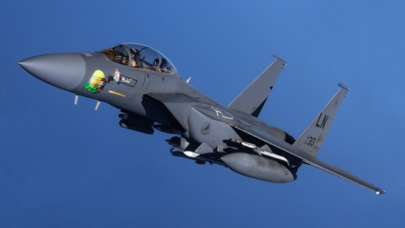 A U.S. Air Force F-15E Strike Eagle from Royal Air Force Lakenheath's 494th Fighter Squadron returns to formation after receiving fuel from a KC-135 Stratotanker from the Fairchild Air Force Base's 92nd Aerial Refueling Squadron, over the U.S. Central Command area of responsibility, May 2, 2024. The U.S. Air Force is globally postured to protect and defend freedom of coalition allies and regional partners within the U.S. Central Command area of responsibility to maintain peace and stability across the region.