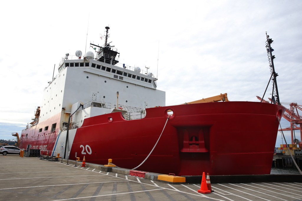 The USCGC Healy, the United States military's largest and most technologically advanced icebreaker, is docked at the US Coast Guard station in Seattle. The Healy is a research vessel that carries scientists and research teams into the Arctic circle. The ship leaves Seattle Tuesday, for a five-month long deployment. Photographed June 19, 2016. (Genna Martin, seattlepi.com) (Photo by GENNA MARTIN/San Francisco Chronicle via Getty Images)