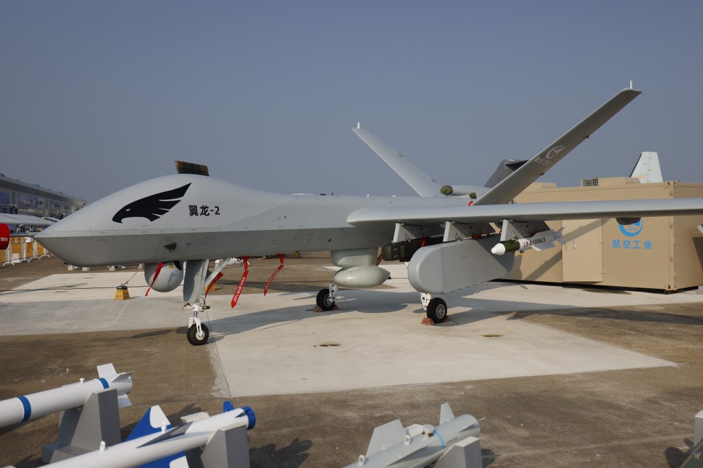 ZHUHAI, CHINA - SEPTEMBER 28: A Yilong II (Wing-Loong II) unmanned reconnaissance-strike drone is on display on the opening day of the 13th China International Aviation and Aerospace Exhibition (Airshow China 2021) on September 28, 2021 in Zhuhai, Guangdong Province of China. (Photo by Chen Xiao/VCG via Getty Images)