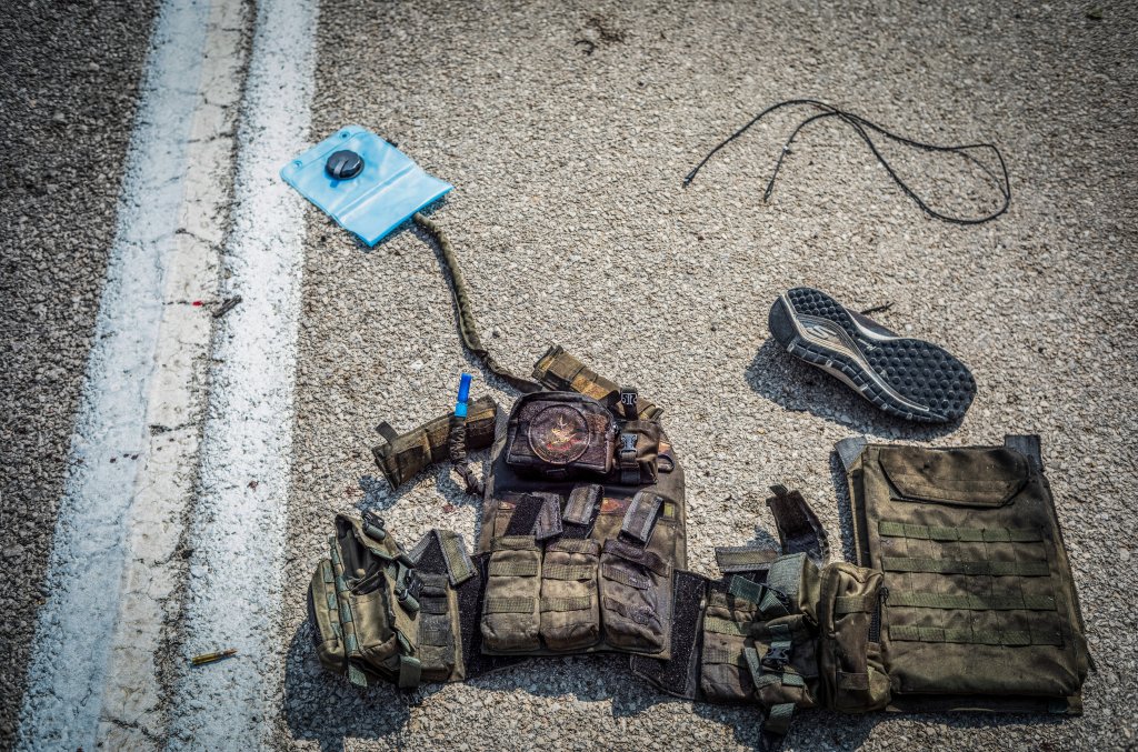 08 October 2023, Israel, Sderot: The gear of a Palestinian fighter is seen on a road after the deadly attack on a police station in the city of Sderot on the second day of the ongoing conflict between Israel and the Palestinian militant group Hamas. Photo: Ilia Yefimovich/dpa - ATTENTION: graphic content (Photo by Ilia Yefimovich/picture alliance via Getty Images)