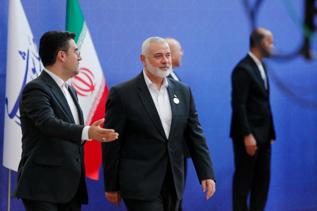 Ismael Haniyeh, Palestinian leader of the militant group Hamas, arrives to participate in the swearing in ceremony for the new Iranian President, Masoud Pezeshkian, at the parliament in Tehran on July 30, 2024. (Photo by Saman / Middle East Images / Middle East Images via AFP) (Photo by SAMAN/Middle East Images/AFP via Getty Images)