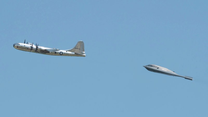 Two legendary U.S. nuclear bombers, their first flights separated by almost half a century, took to the skies over Missouri at the weekend. The formation flights by the U.S. Air Force B-2 Spirit stealth bomber and the B-29 Doc — one of only two examples of the World War II-era bomber that are flying anywhere in the world — were, the service believes, the first time that these two legendary aircraft had flown together in this way.