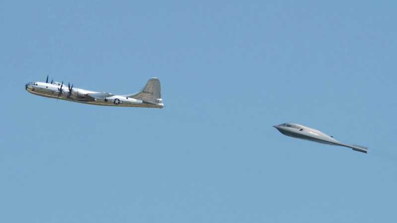 Two legendary U.S. nuclear bombers, their first flights separated by almost half a century, took to the skies over Missouri at the weekend. The formation flights by the U.S. Air Force B-2 Spirit stealth bomber and the B-29 Doc — one of only two examples of the World War II-era bomber that are flying anywhere in the world — were, the service believes, the first time that these two legendary aircraft had flown together in this way.