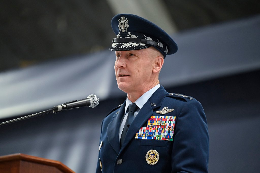 Air Force Chief of Staff Gen. David W. Allvin speaks during his welcome ceremony at Joint Base Andrews, Md., Nov. 17, 2023. Allvin was officially sworn in as the 23rd Air Force chief of staff on Nov. 2 at the U.S. Air Force Academy in Colorado Springs, Colo. (U.S. Air Force photo by Eric Dietrich)